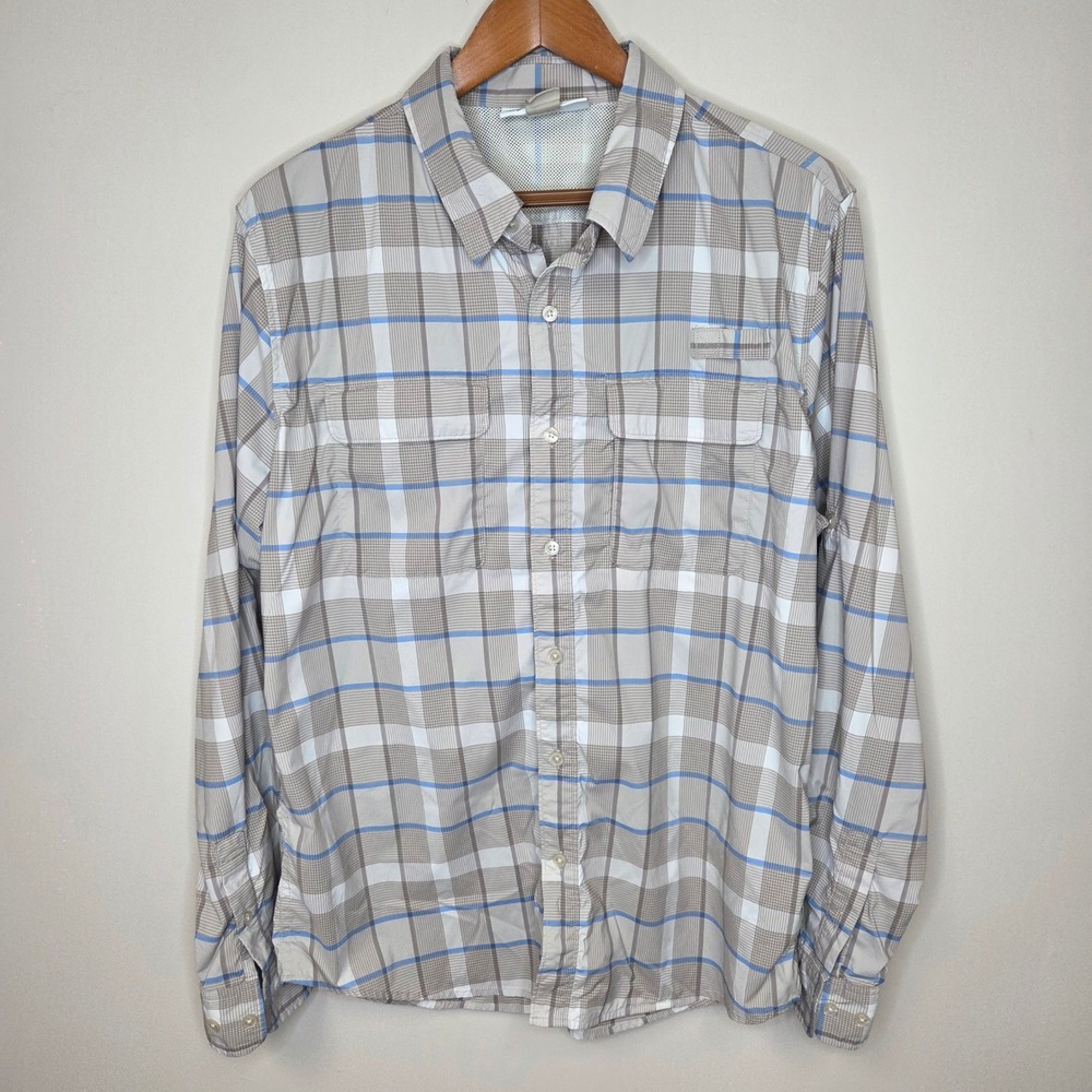ExOfficio Mens Insect Shield Plaid Long Sleeve Button Down Shirt Tan Blue Size M